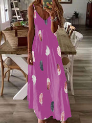Feather Print V Neck Maxi Cami Dress