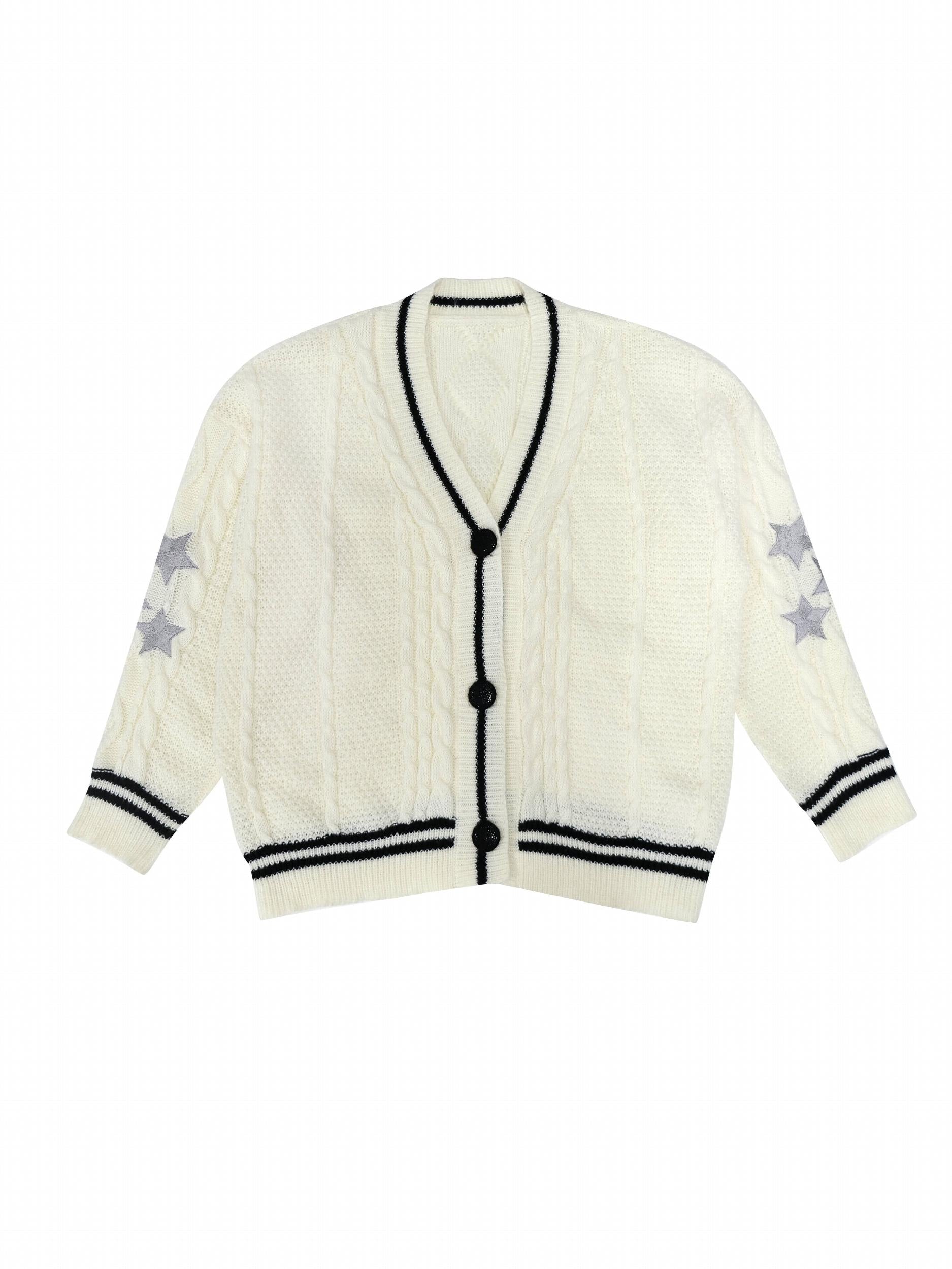 Star Embroidered Contrast Trim Cardigan Long Sleeve Casual Fall Winter