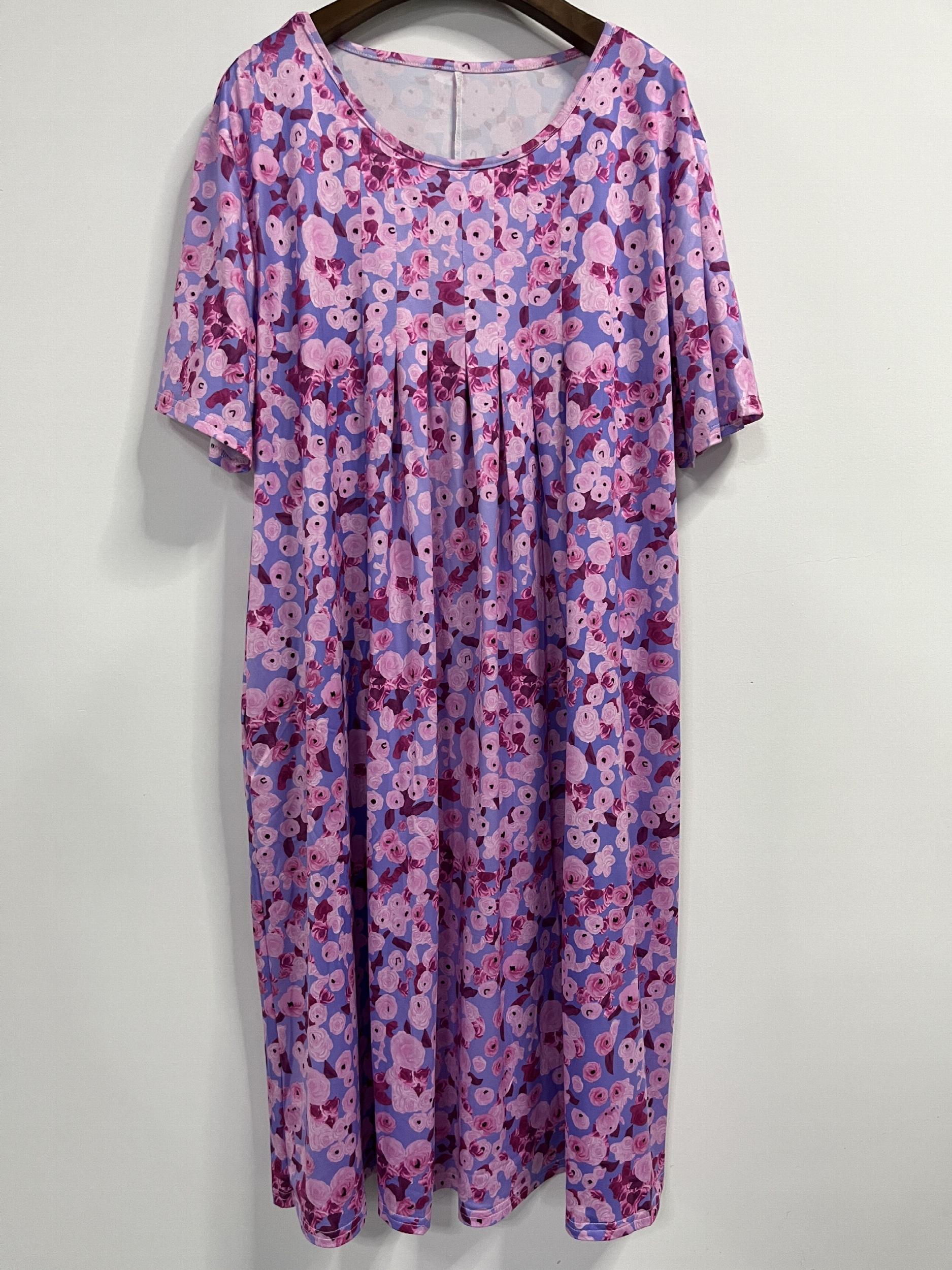 Allover Floral Print Short Sleeve Pleated Dress With Pockets