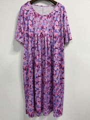 Allover Floral Print Short Sleeve Pleated Dress With Pockets