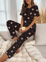 Heart Print Pajama Set Short Sleeve Top & Pants