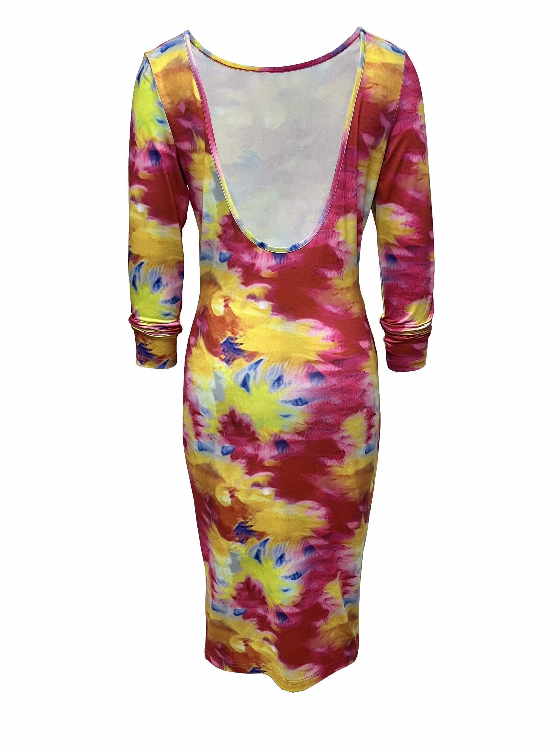 Tie Dye Print Bodycon Midi Dress Sexy Long Sleeve