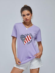 Love Heart Print Short Sleeve T shirt With American Flag Element