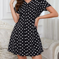 Polka Dot Button Front Dress V Neck Short Sleeve Casual Dress