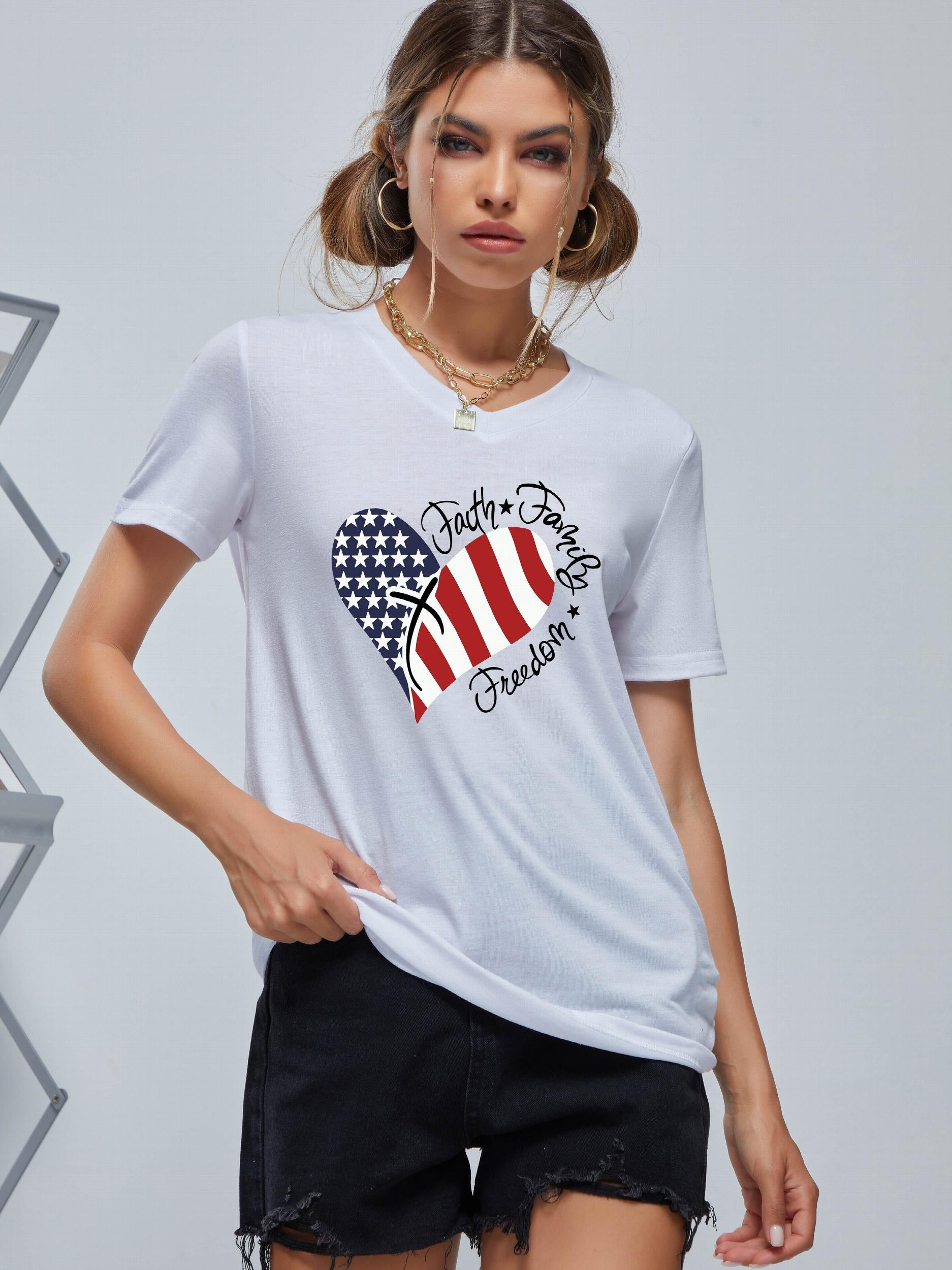 Love Heart Print Short Sleeve T shirt With American Flag Element