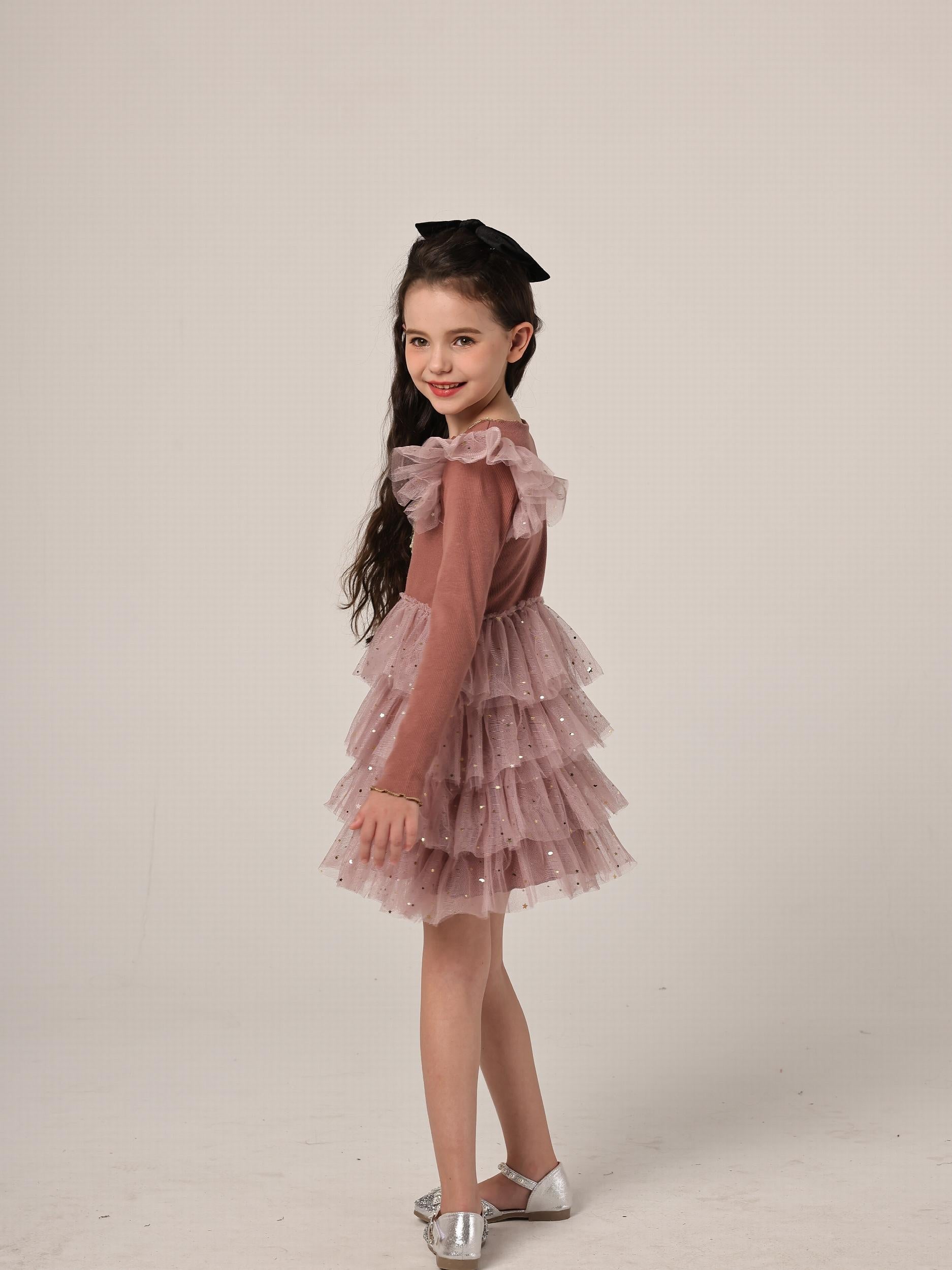Star Girl Long Sleeve Mesh Tiered Party Tutu Dress Birthday Princess