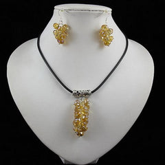 Black Leather Crystal Beads Grape Necklace 925 Silver Dangle Earrings
