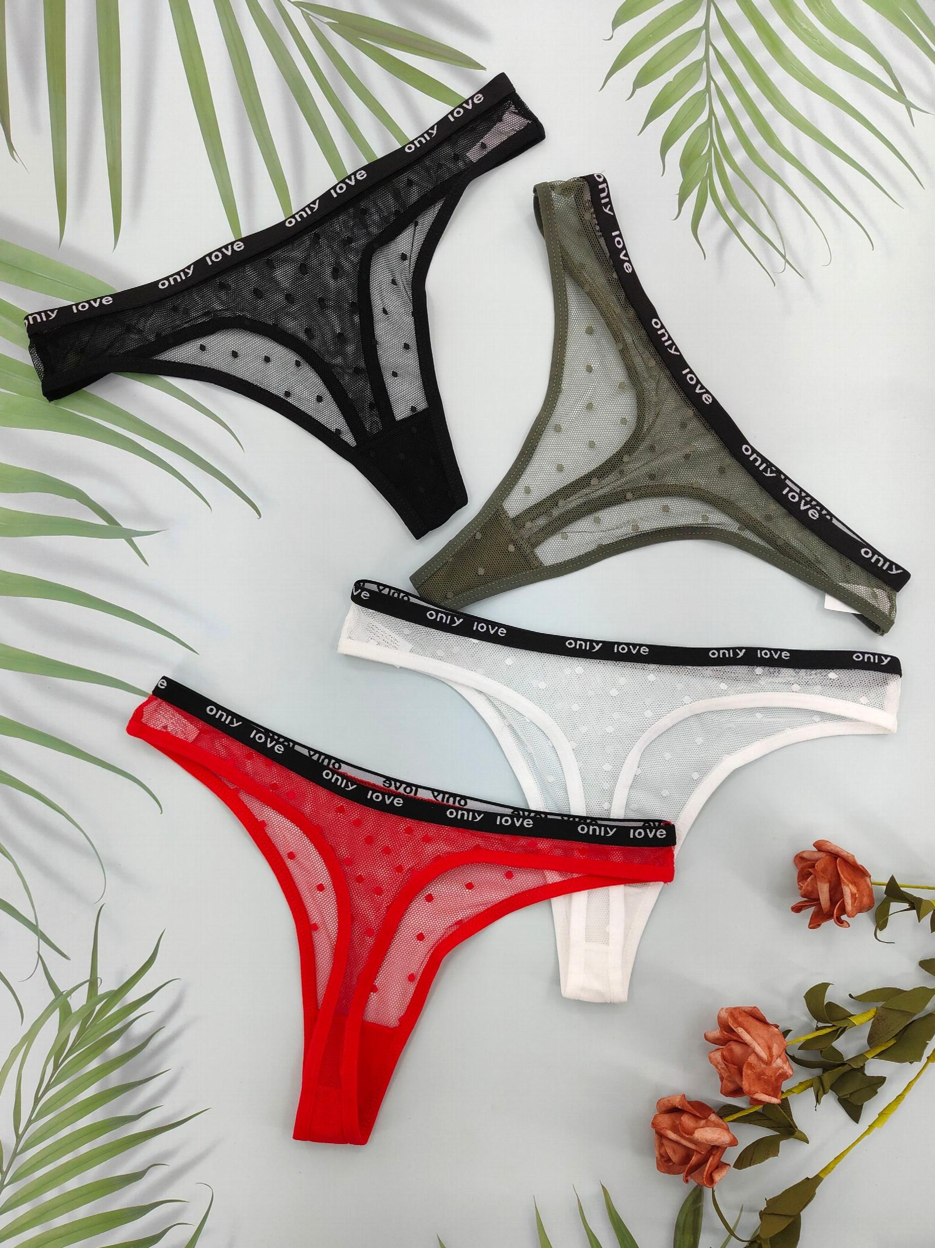 4pcs Polka Dot Mesh Thongs Breathable Comfy Letter Tape Intimates Panties