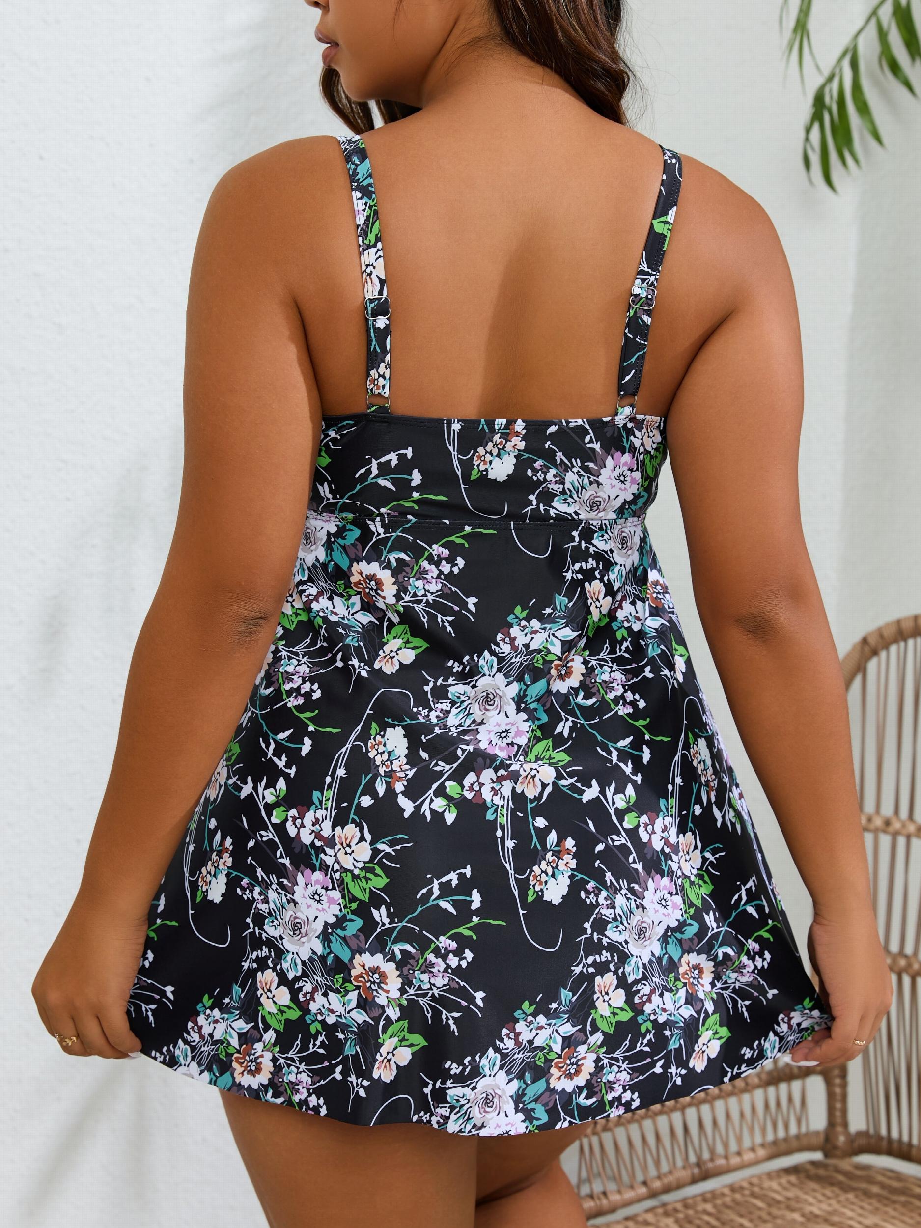Floral Print Tankini Set Tie Front Peplum Cami Top & Underwear