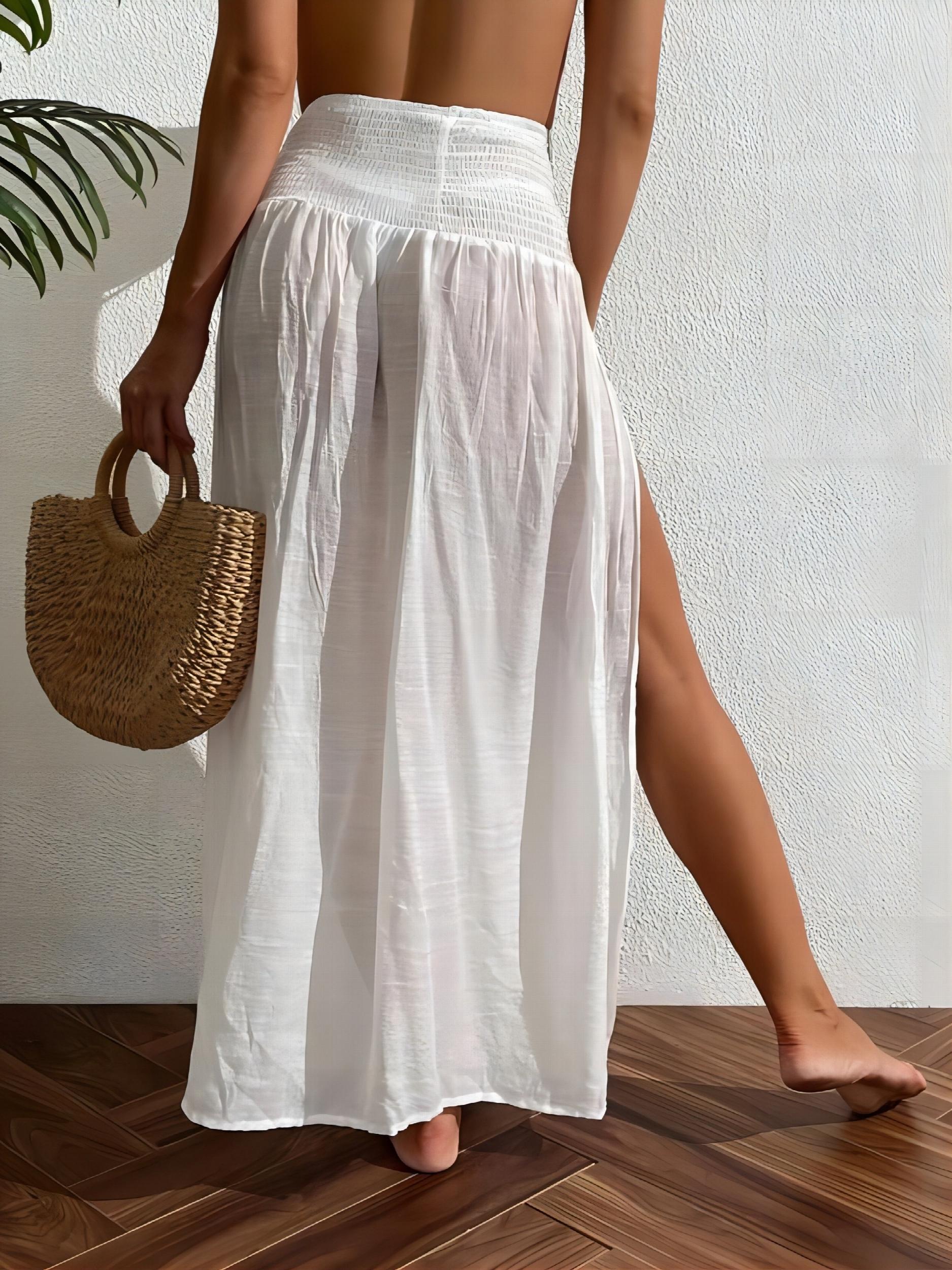 Solid Shirred Cover Up Skirt Sexy Maxi Beach Coverup