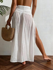 Solid Shirred Cover Up Skirt Sexy Maxi Beach Coverup