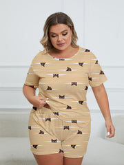 Cartoon Cat Stripe Print Pajama Set Women's Breathable Loungewear