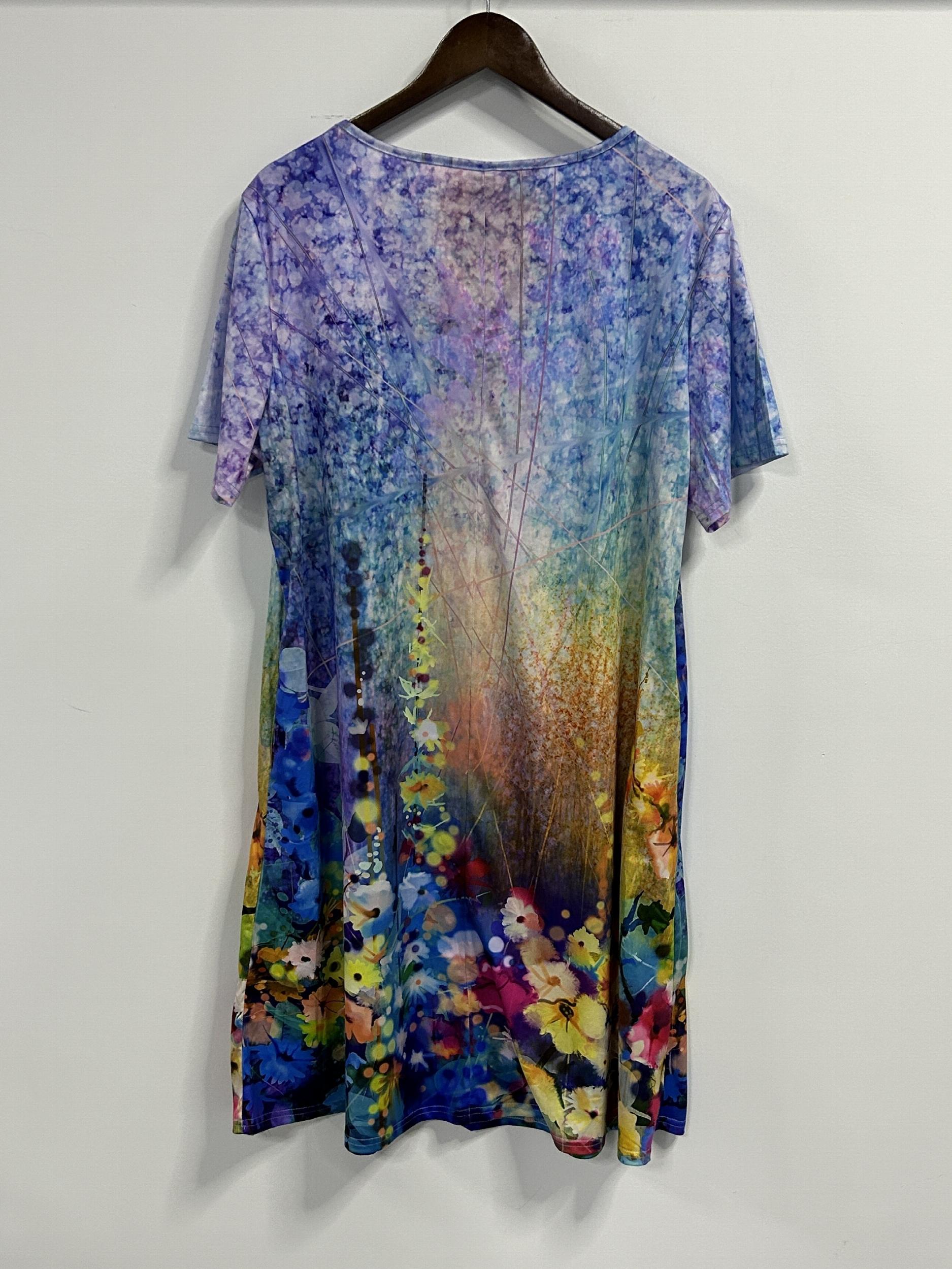 Floral Print Short Sleeve Round Neck Dress With Pockets