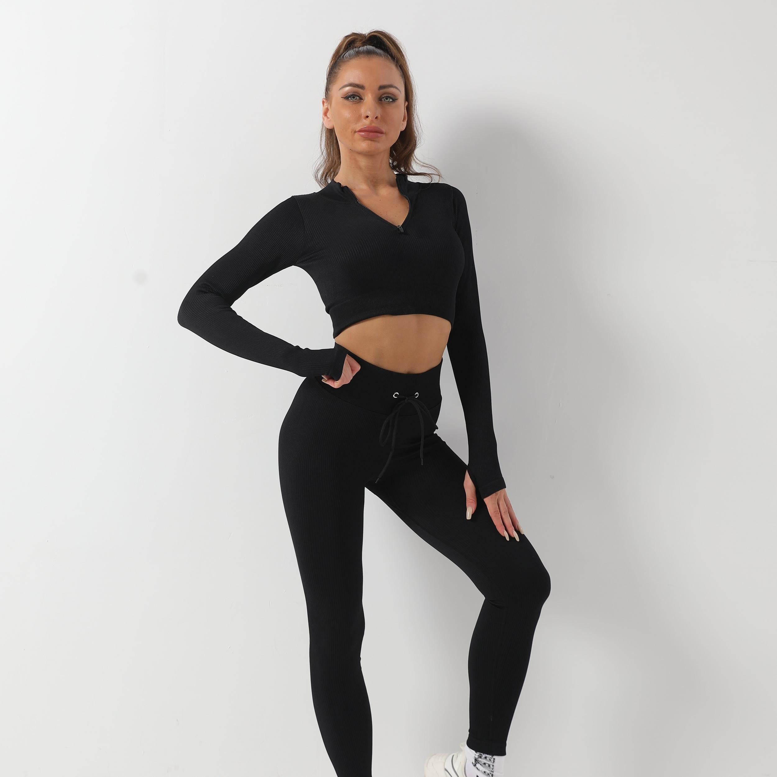 Yoga Workout Set Long Sleeve Crop Top & Leggings
