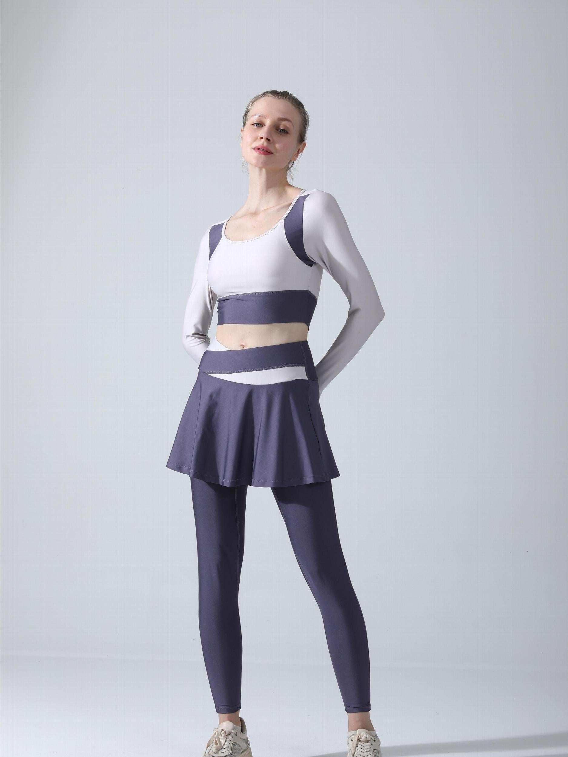 2pcs Block Yoga Sports Set Long Sleeve Thumb Hole Shirt & Skorts Leggings