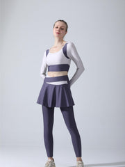2pcs Block Yoga Sports Set Long Sleeve Thumb Hole Shirt & Skorts Leggings
