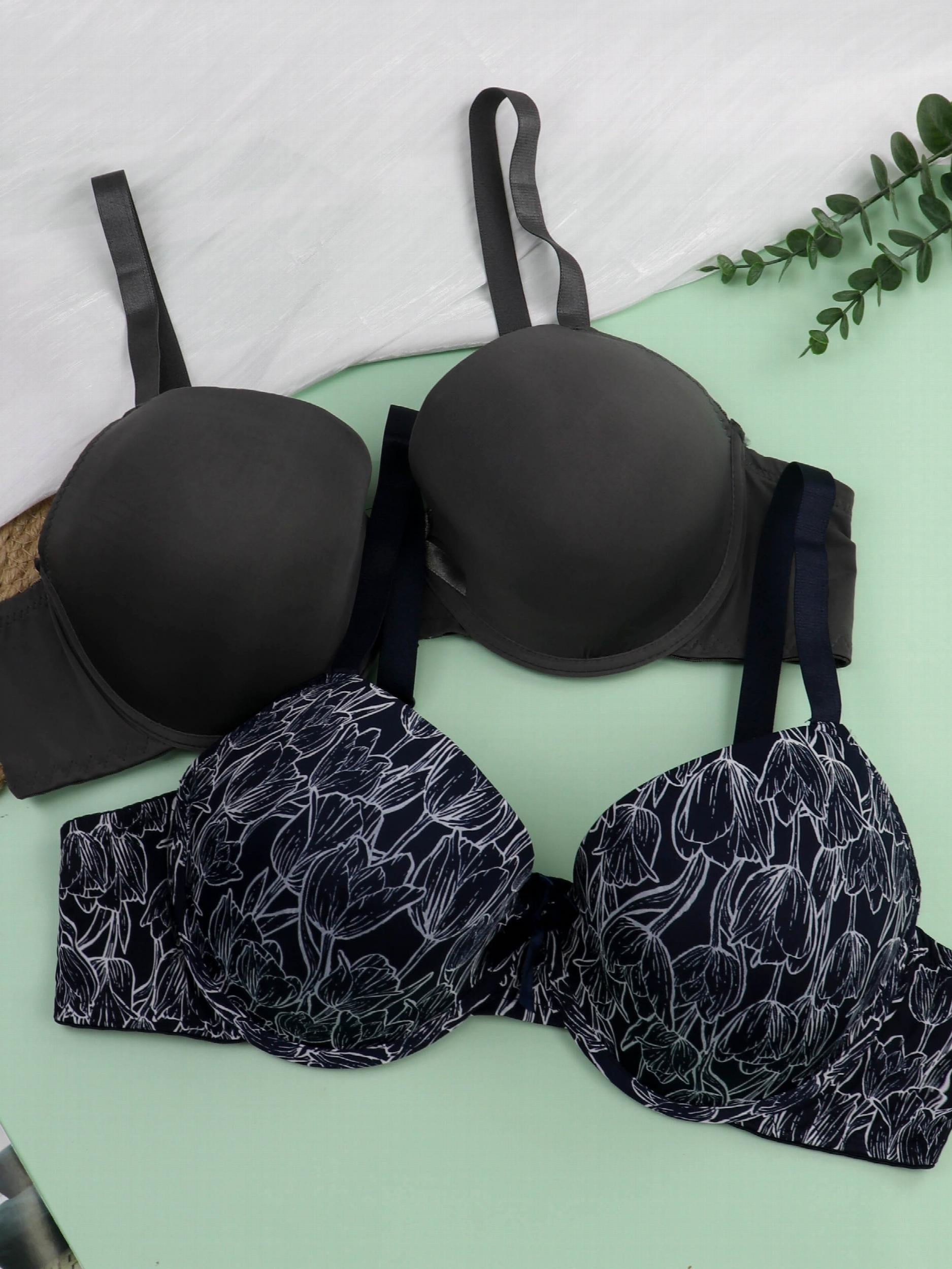 2 Pack Plus Size Bras Set Women's Tulip Print Padded Bras Two Piece Set