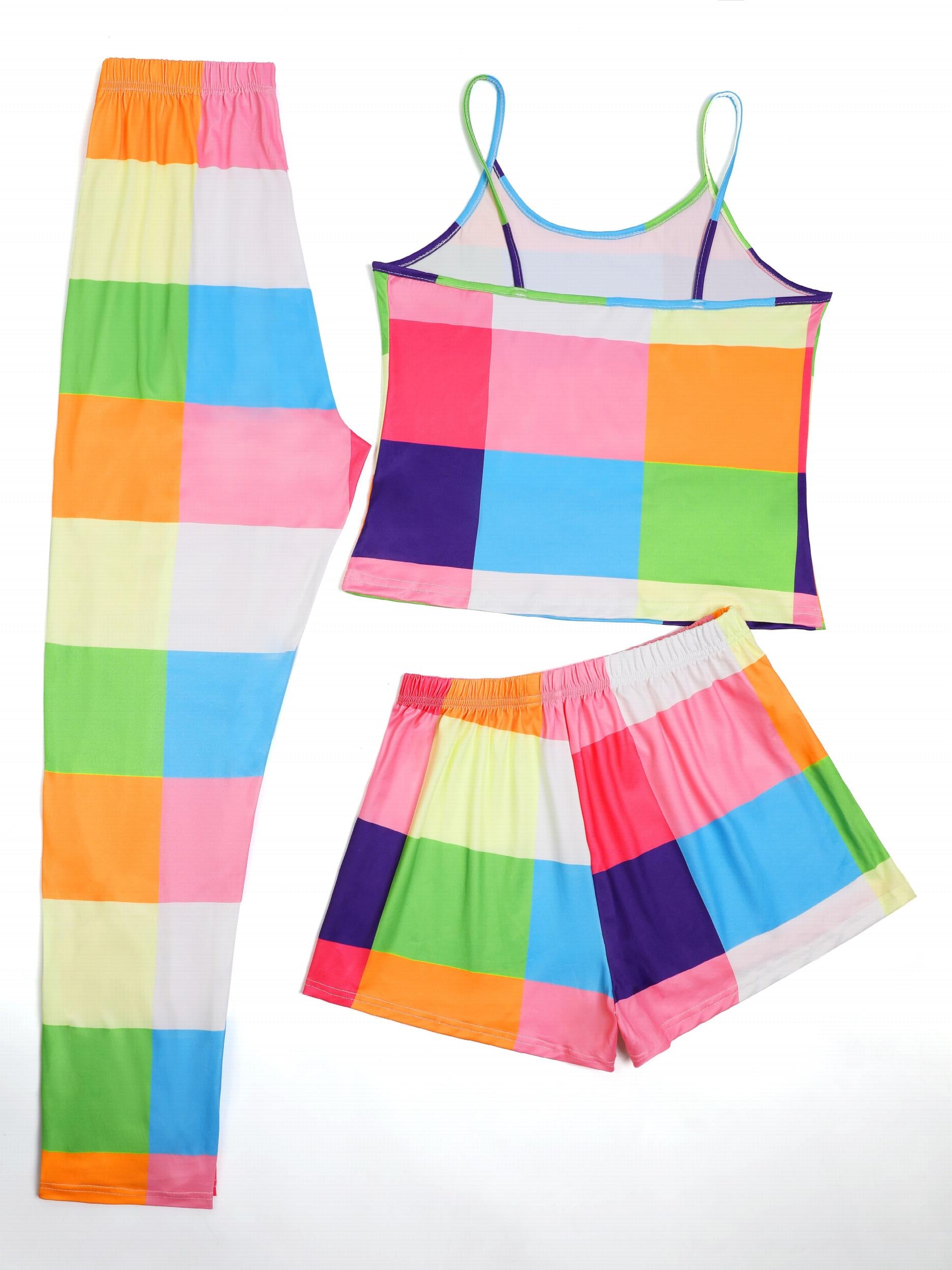 Colorful Plaid Cami Top & Shorts & Pants Pajamas Set