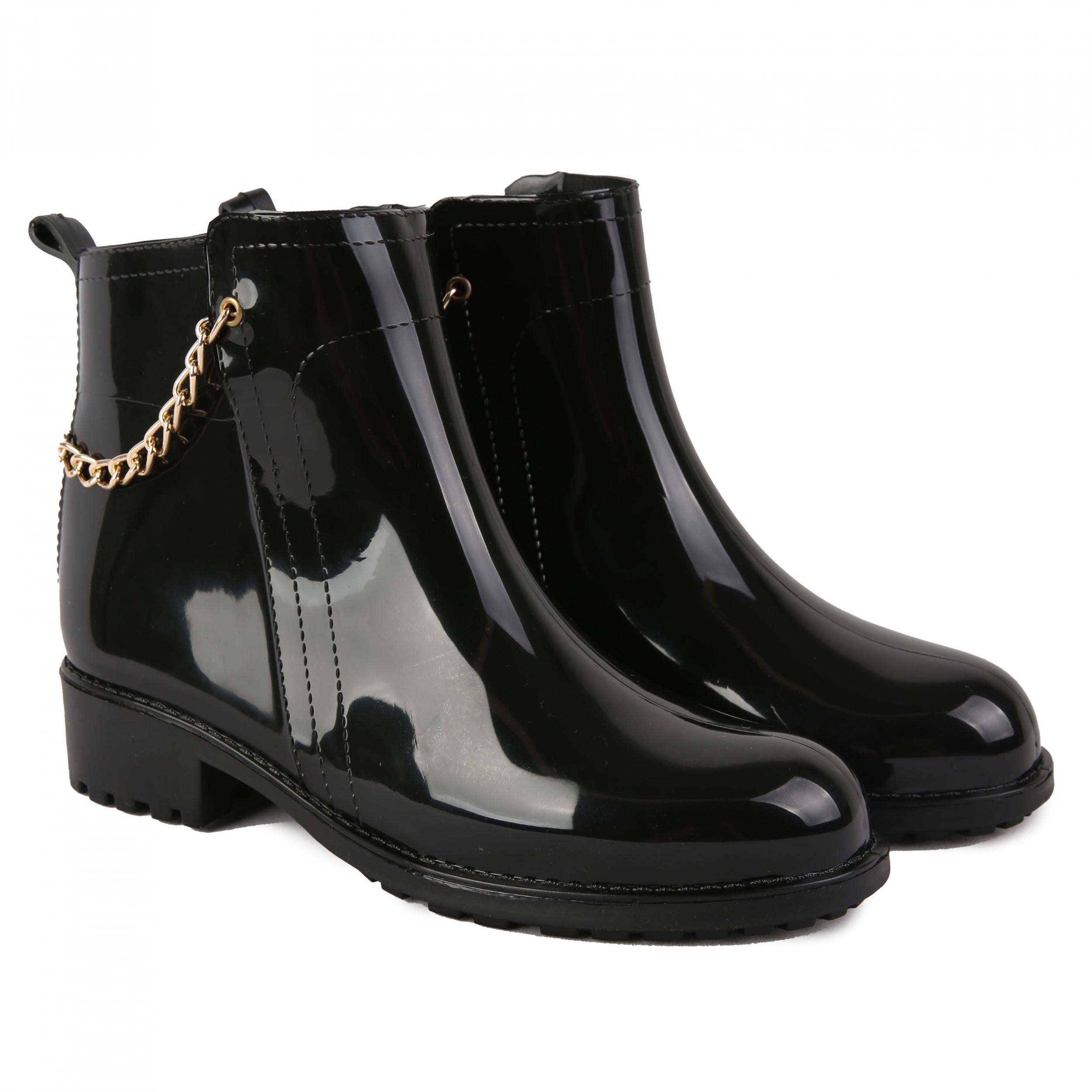 Metal Chain Decor PVC Round Toe Flat Waterproof Rain Boots