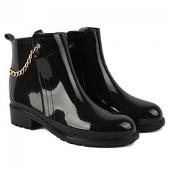 Metal Chain Decor PVC Round Toe Flat Waterproof Rain Boots
