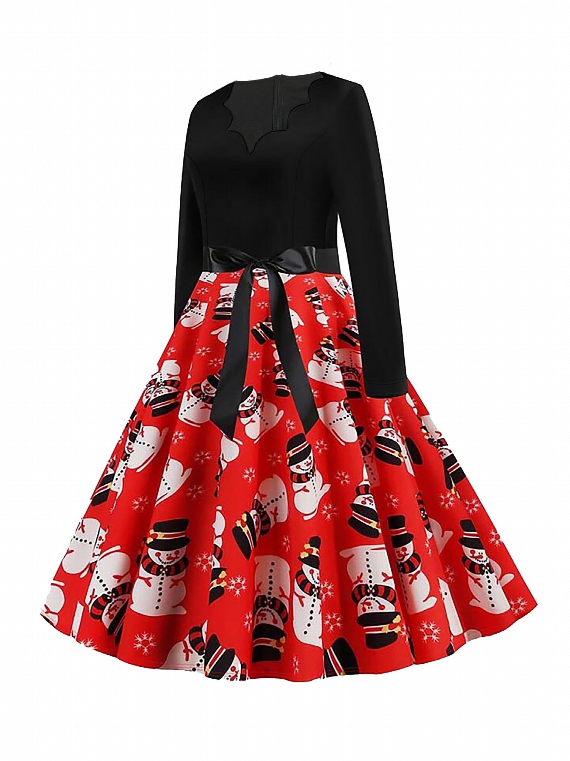 Colorblock Snowman Print Long Sleeve V Neck Dress