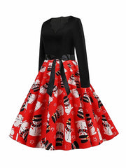 Colorblock Snowman Print Long Sleeve V Neck Dress