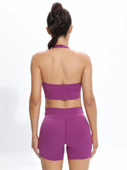 2pcs Solid Crop Top & Cross Waist Running Shorts Set