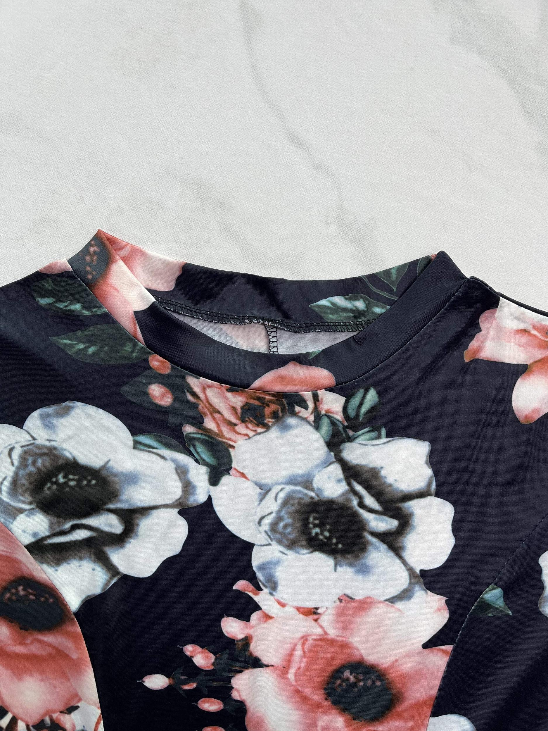 Floral Print Short Sleeve Stretch Dress