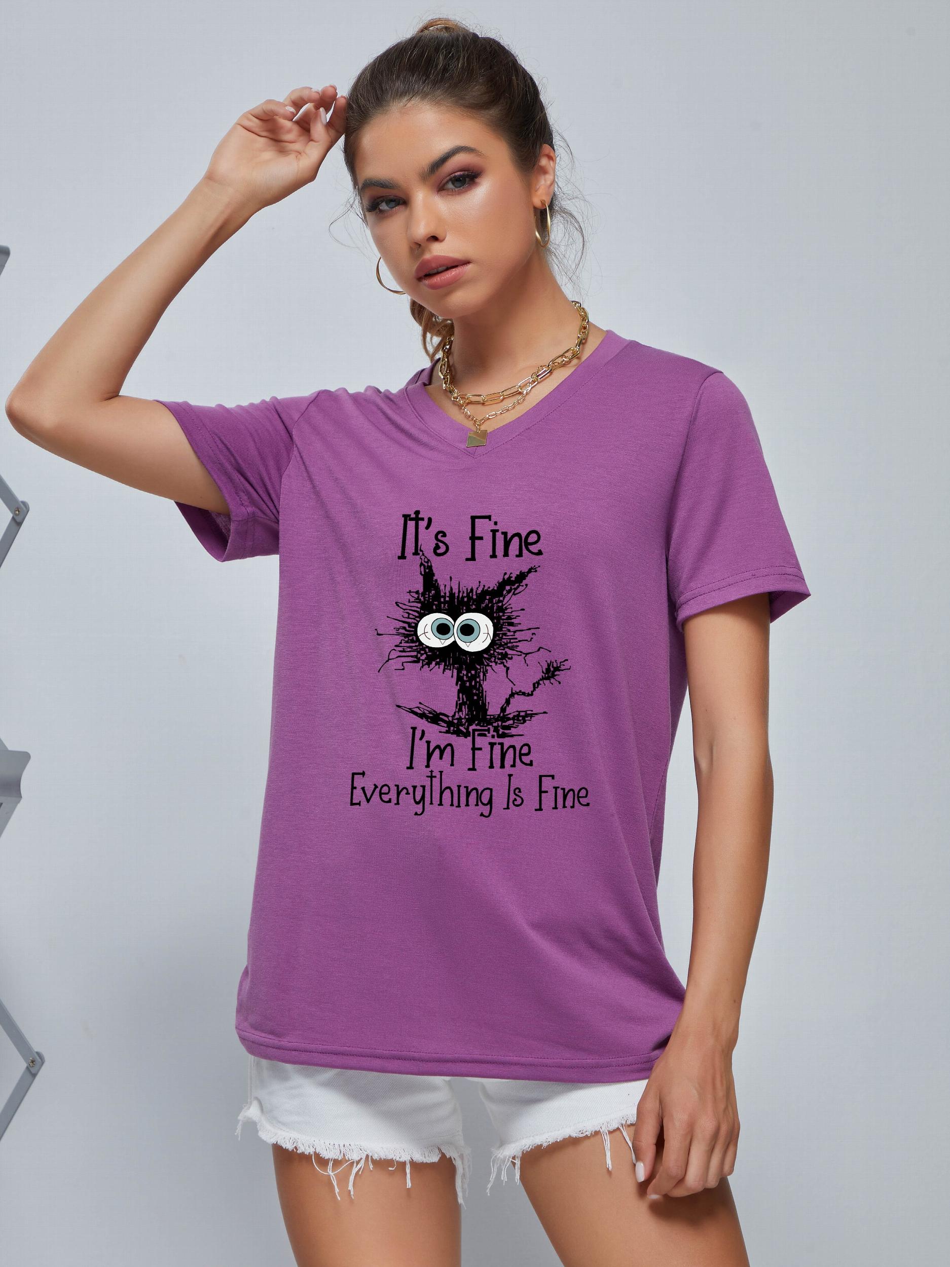 Cartoon Cat V Neck T-shirt for Women