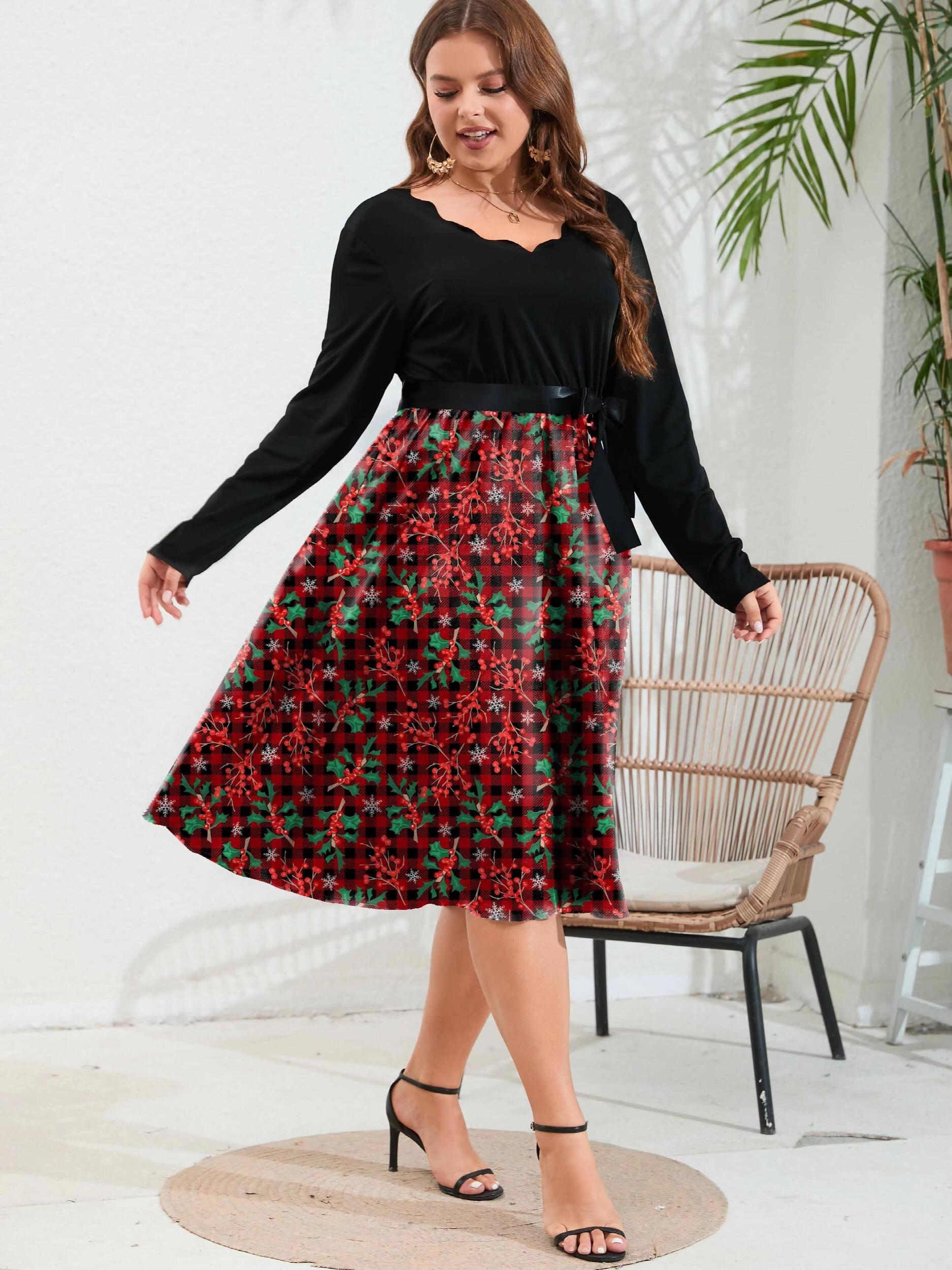 Colorblock Floral Print Scallop Trim Dress