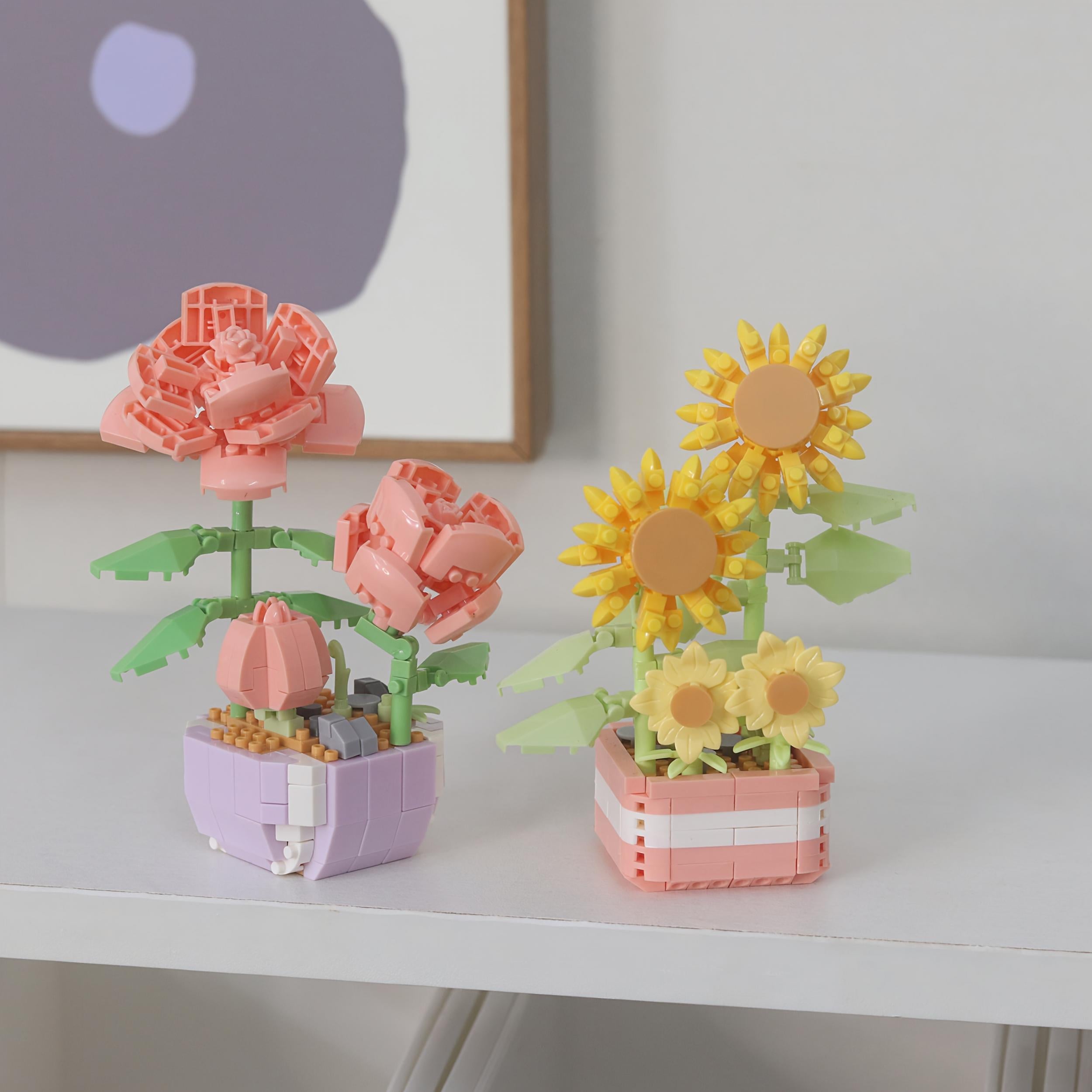 Sunflower Rose Flower Pot Building Blocks Artificial Bouquet Desktop Decoration