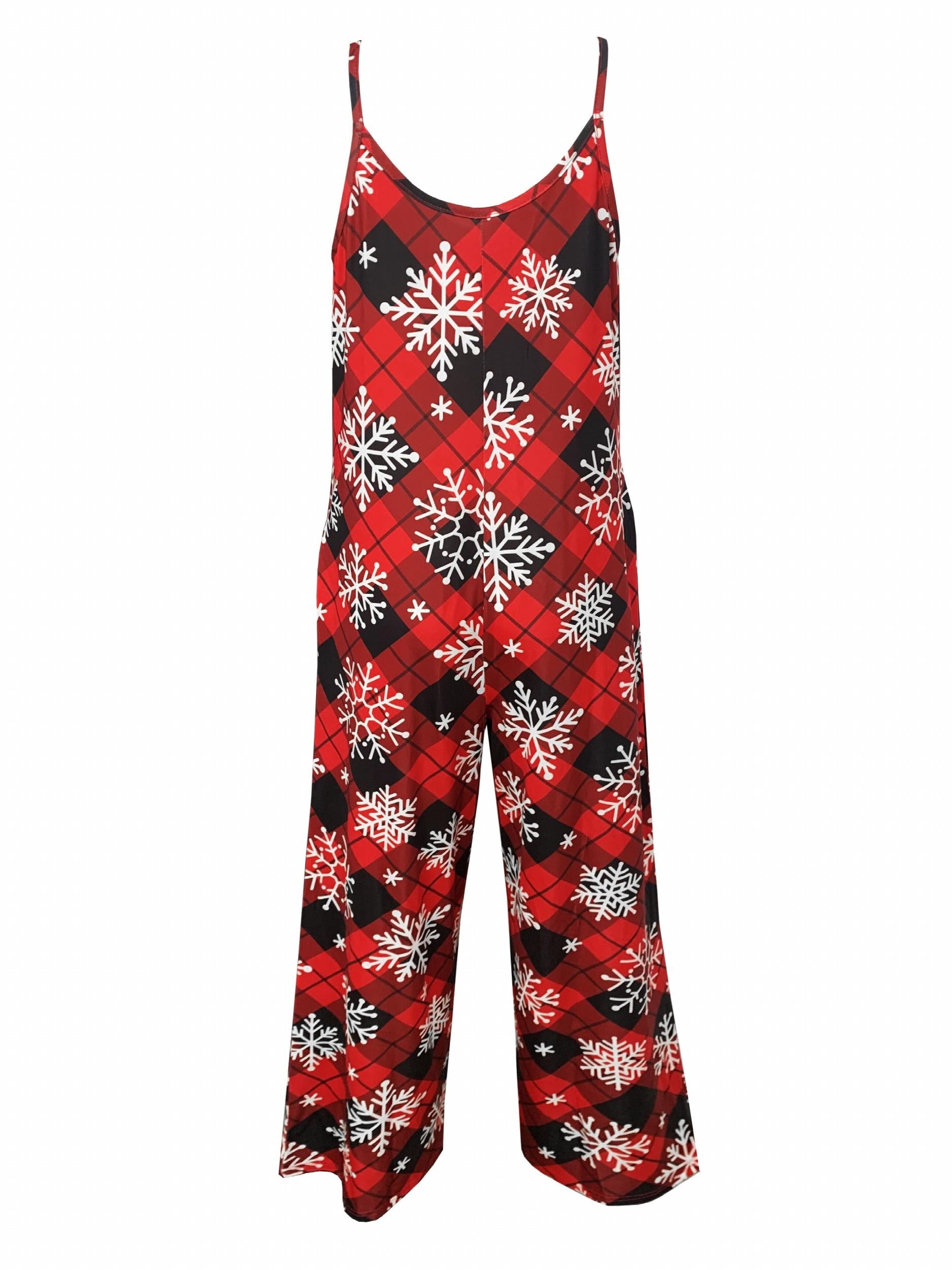 Plaid & Snowflake Print Wide Leg Jumpsuit