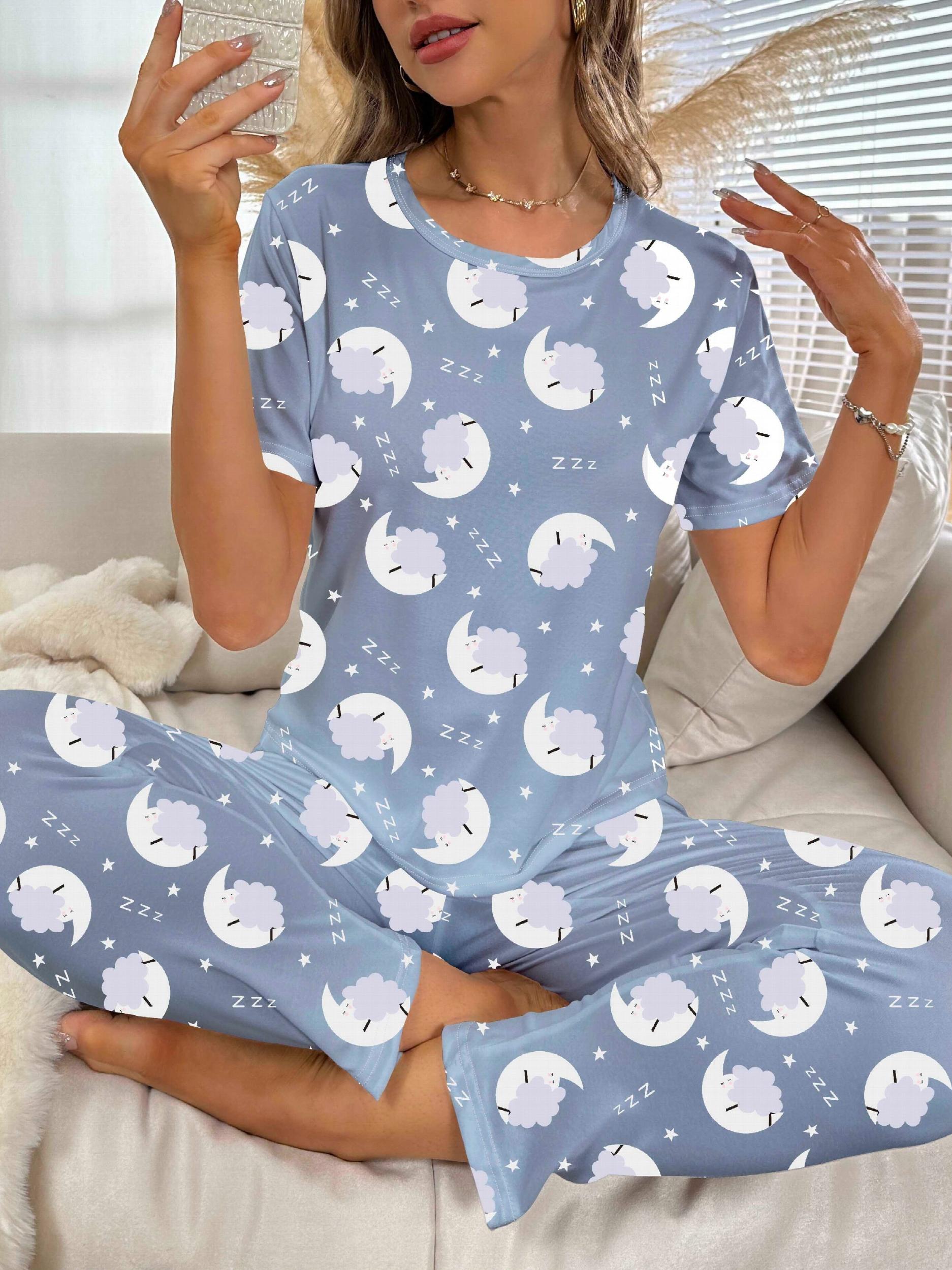 Moon & Cloud Pajama Set Short Sleeve Top & Pants Women's Sleepwear
