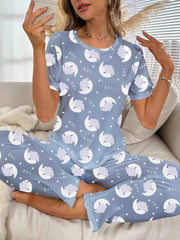 Moon & Cloud Pajama Set Short Sleeve Top & Pants Women's Sleepwear