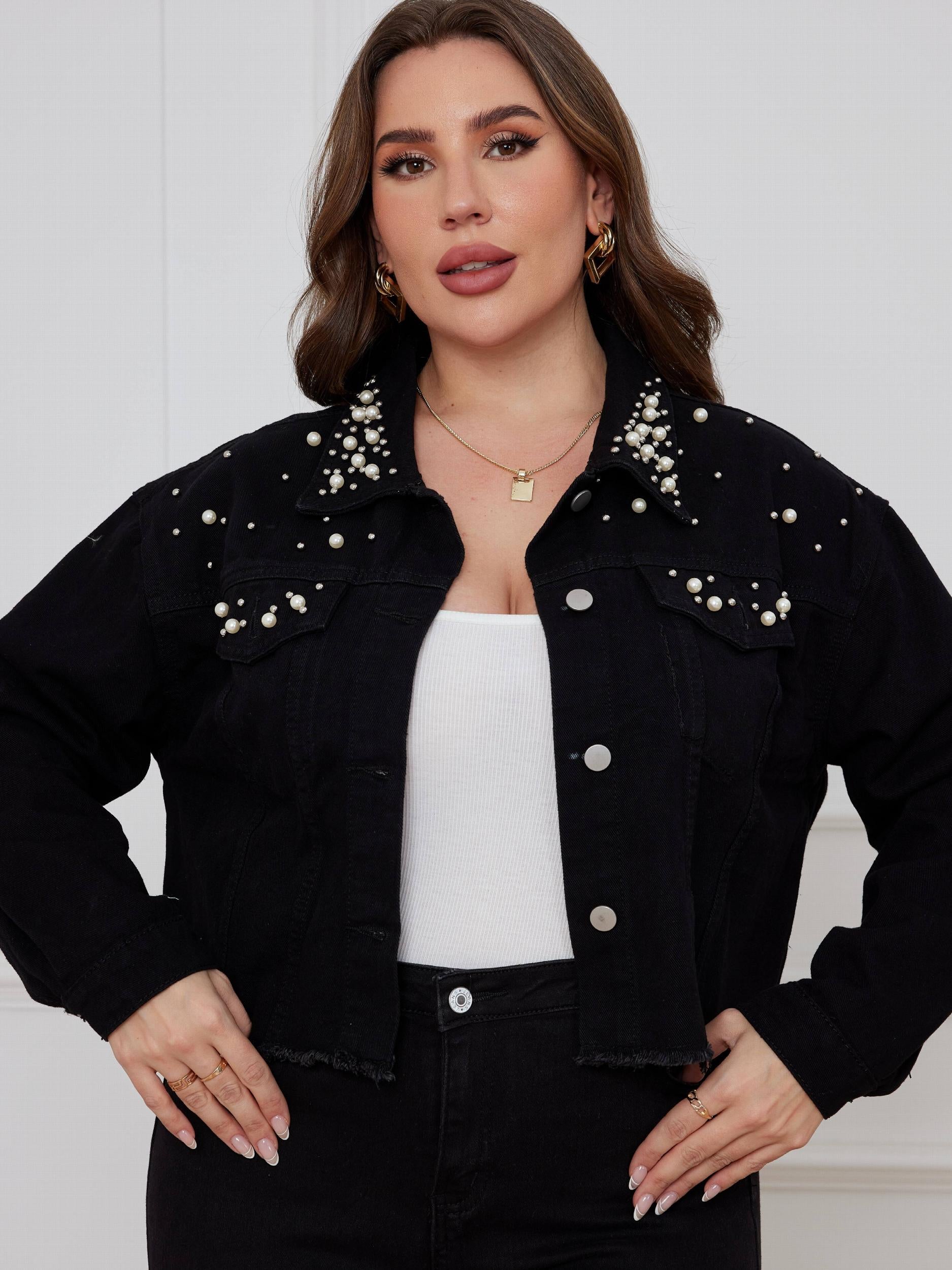 Casual Denim Top Women's Plus Solid Button Up Long Sleeve