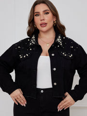 Casual Denim Top Women's Plus Solid Button Up Long Sleeve