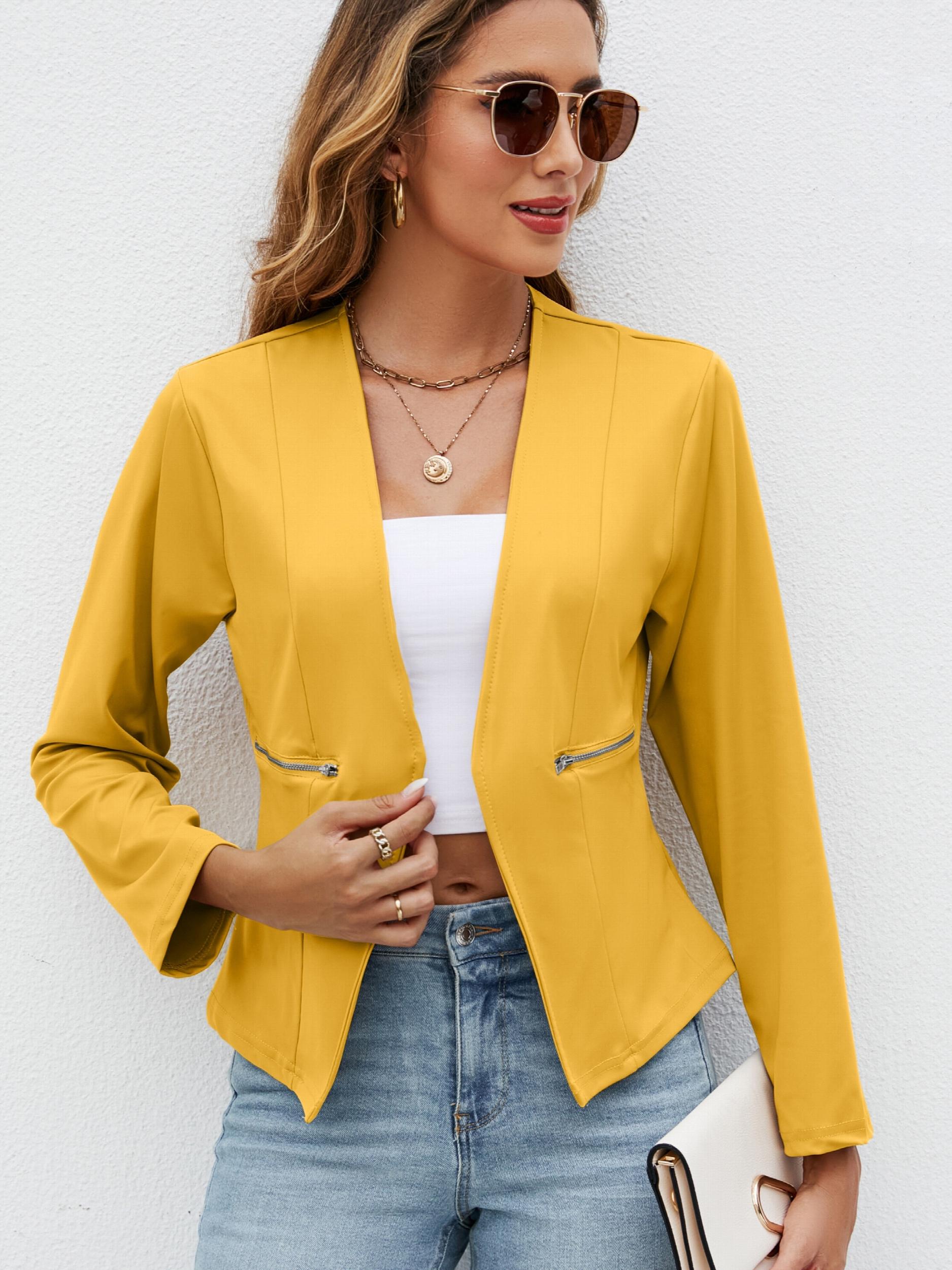 Solid Crop Blazer Open Front Pocket Blazer & Stylish Tops For Work