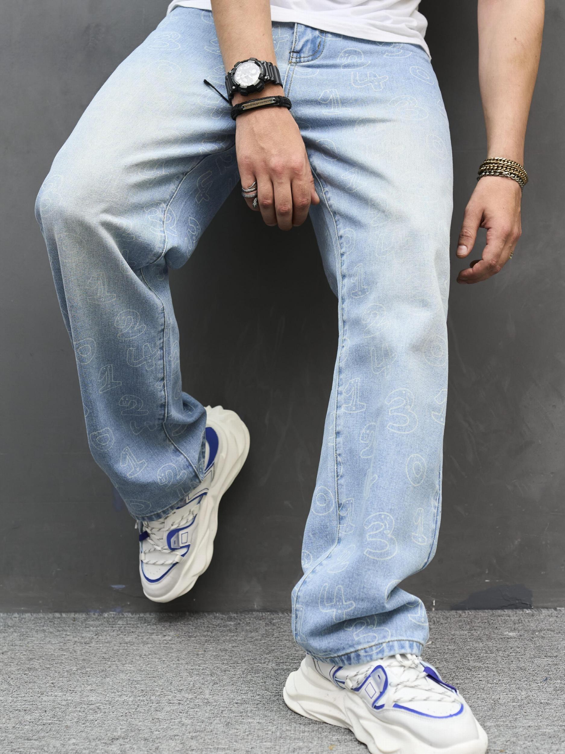 Men's Loose Fit Number Print Jeans Casual Denim Pants