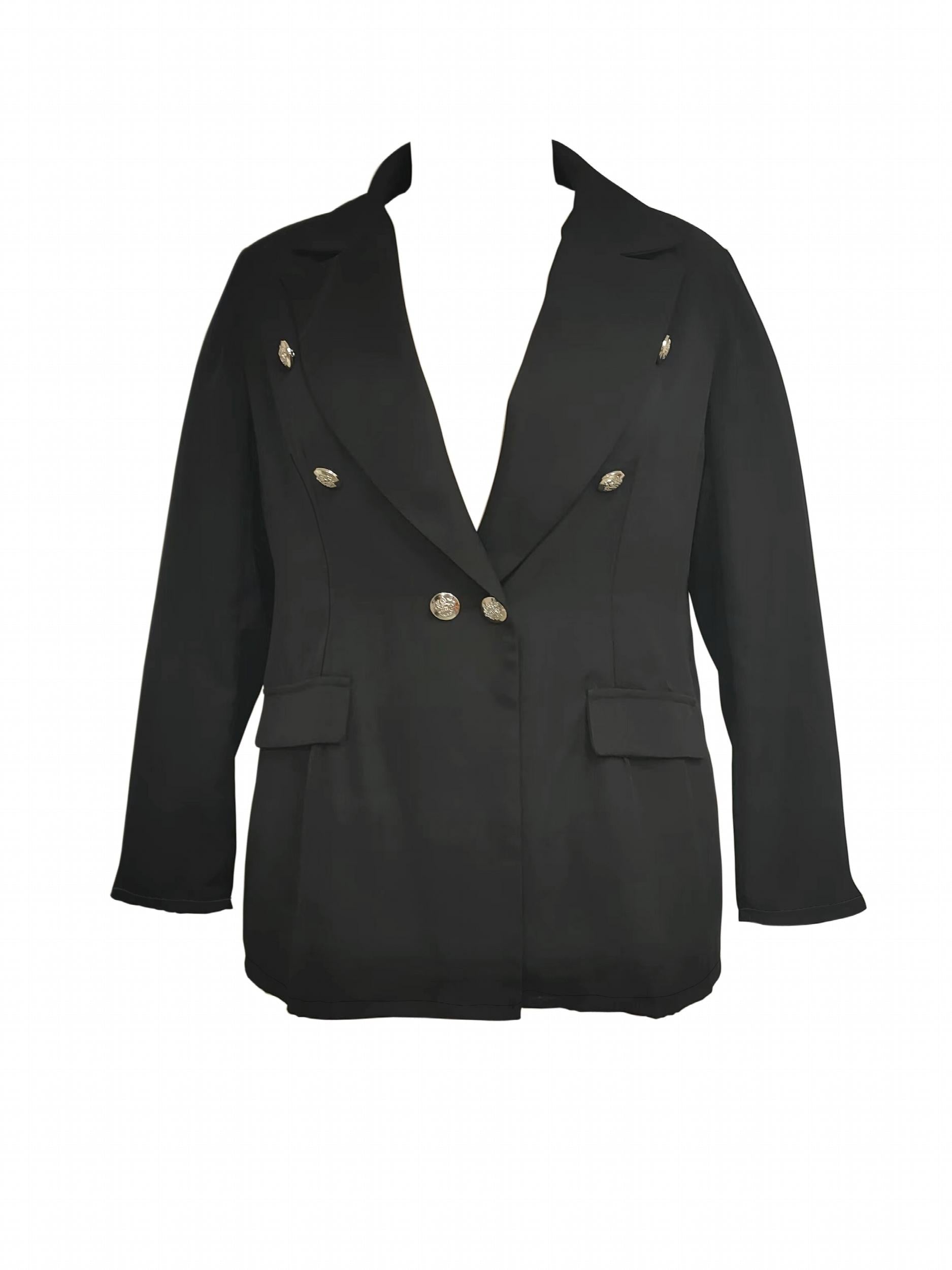 Solid Button Long Sleeve Blazer With Pockets