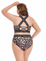 Leopard Print Letter Tape Lingerie Set Plus Size