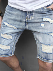 Men's Ripped Denim Shorts Street Style Distressed Mid Stretch Shorts