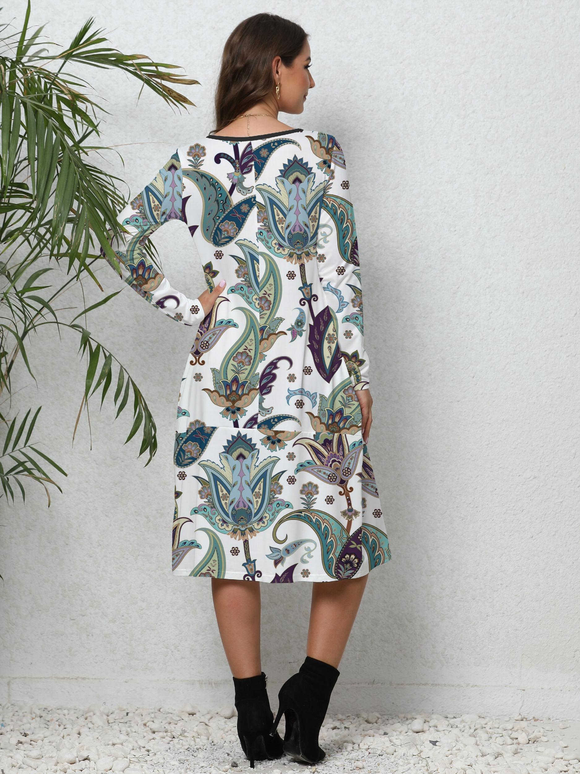 Women's Plus Colorblock Floral Print Long Sleeve Round Neck Dress With Pockets