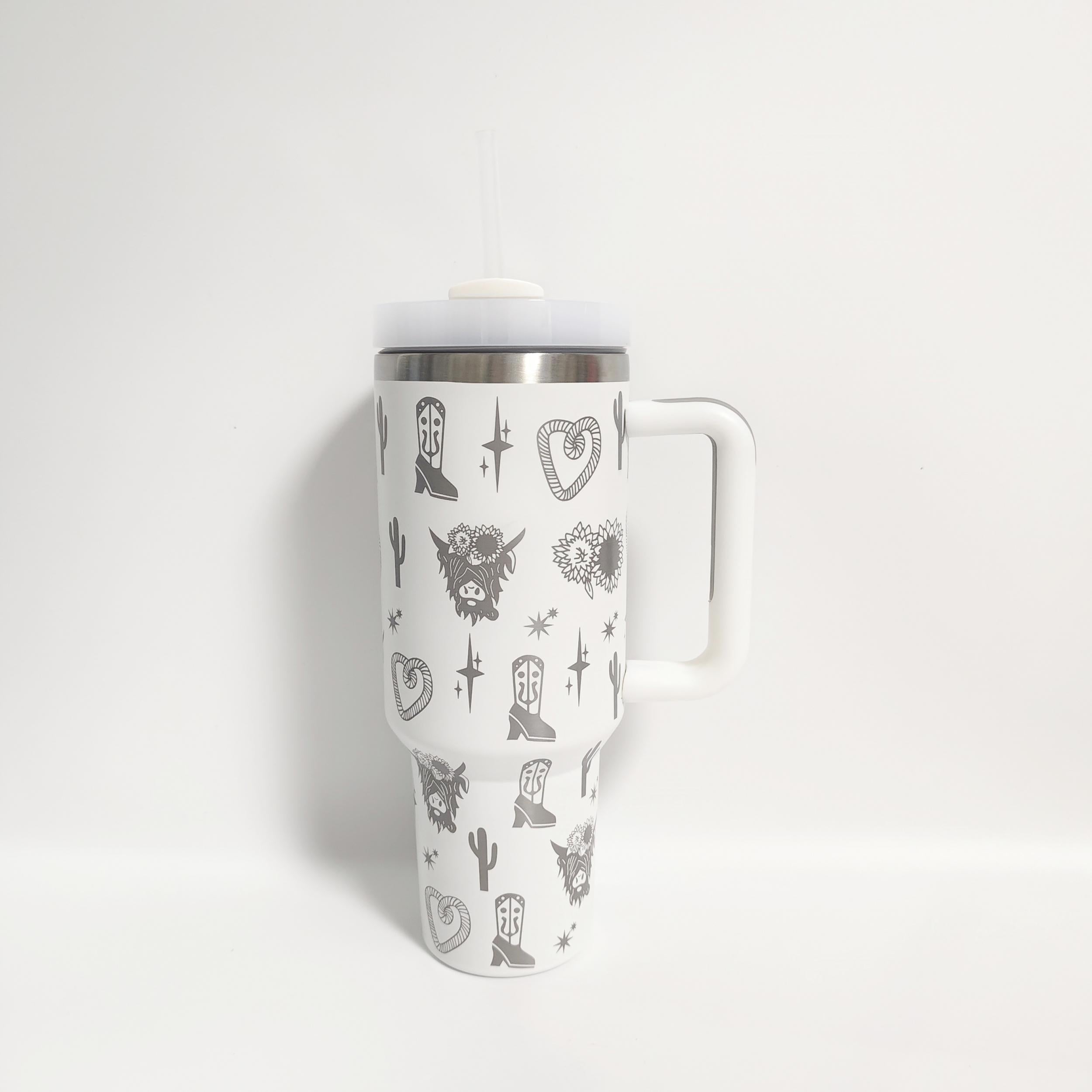 1200ml Stainless Steel Water Bottle Creative Pattern Large Capacity with Straw