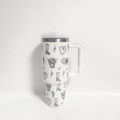 1200ml Stainless Steel Water Bottle Creative Pattern Large Capacity with Straw