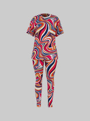 Colorblock Lounge Set Short Sleeve Crew Neck Top & Elastic Waistband Pants
