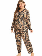 Sexy Pajama Set Leopard Print Lace Trim Top & Pants Two Piece