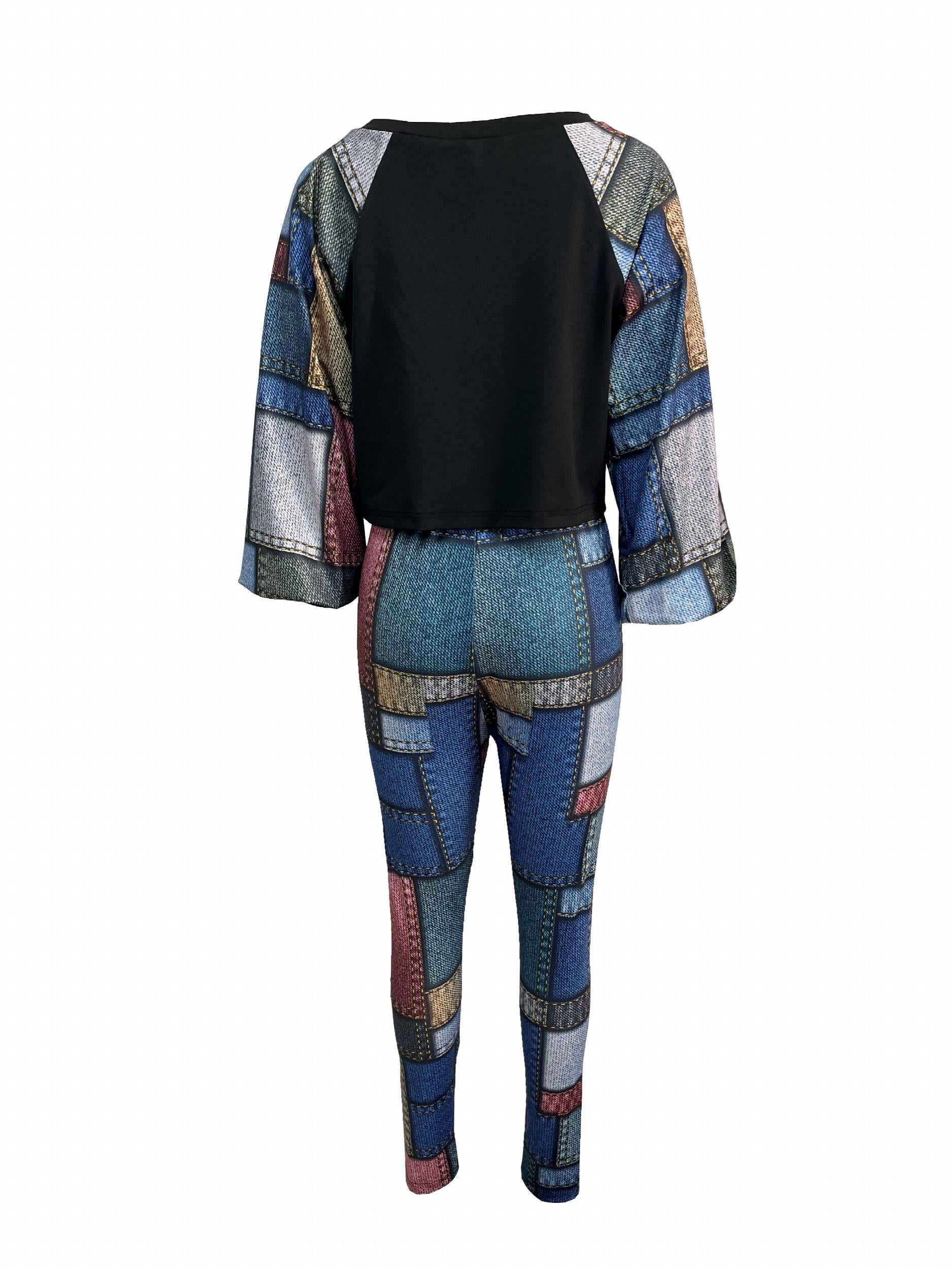 Patchwork Print 2pc Set Boat Neck Top & Skinny Pants Outfits Women's Clothing