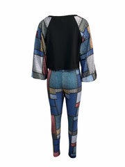 Patchwork Print 2pc Set Boat Neck Top & Skinny Pants Outfits Women's Clothing