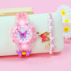 LED Night Light Quartz Watch & Butterfly Bracelet Set - Pink & Purple