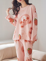 Bear Print Pajama Set Long Sleeve Top & Pants Women's Sleepwear